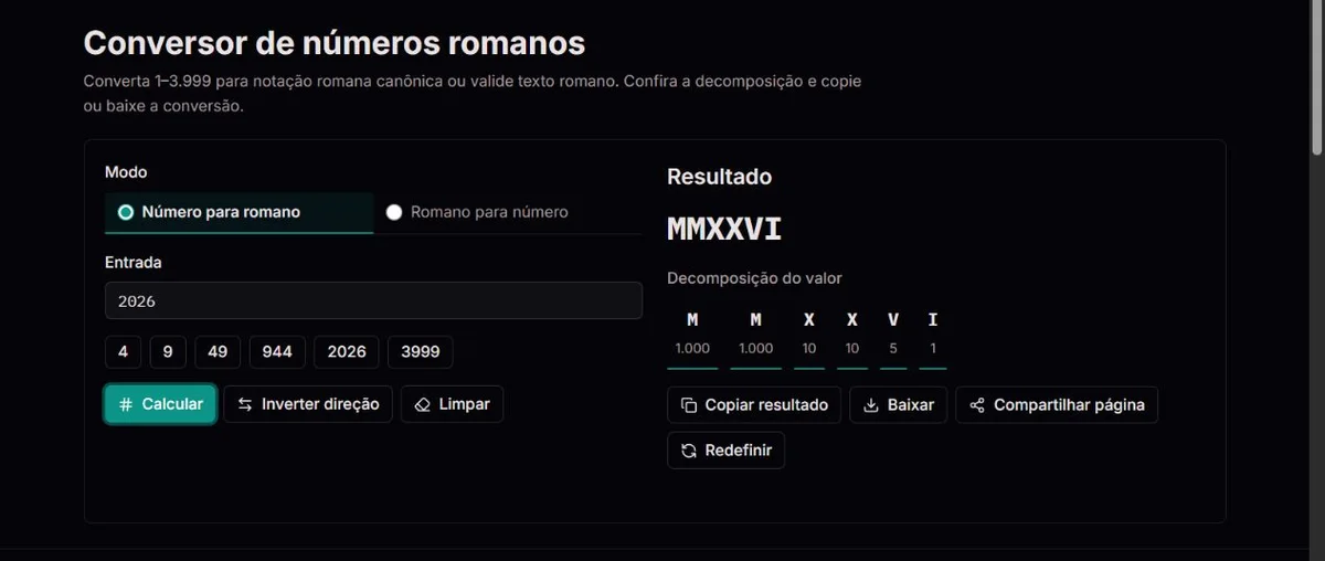 2026 convertido em MMXXVI com os valores dos símbolos