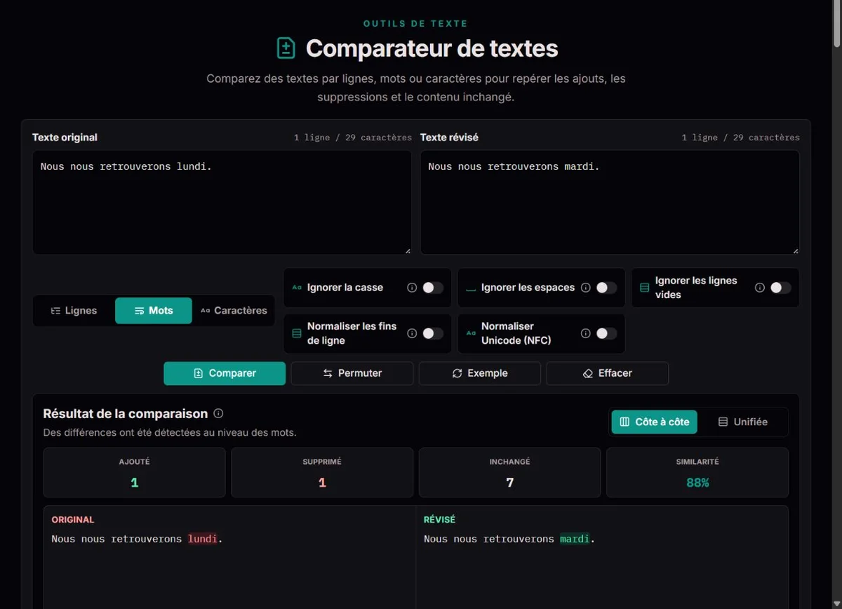 Comparaison par mots montrant le remplacement de lundi par mardi