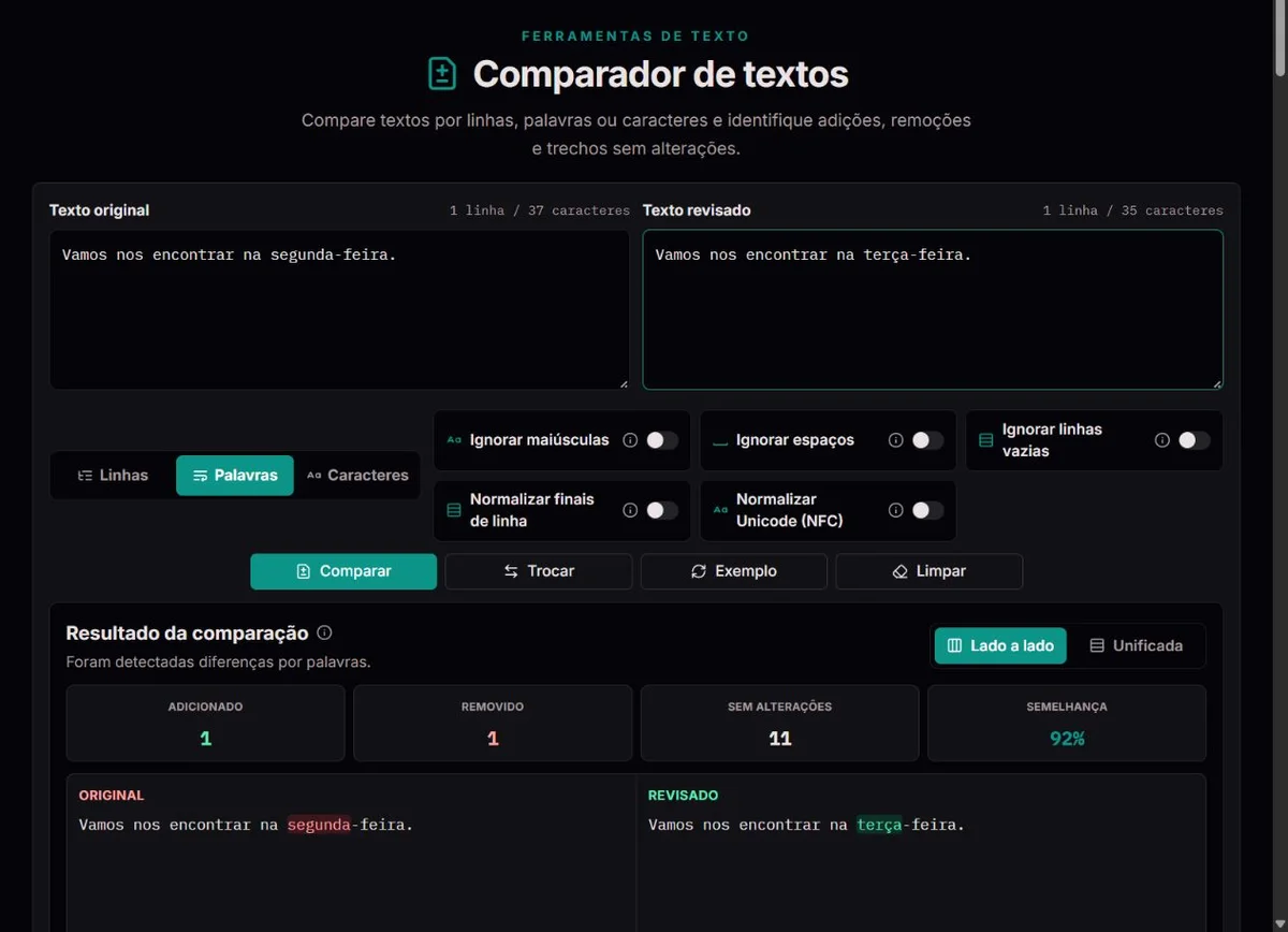Comparação por palavras com a troca de segunda-feira por terça-feira