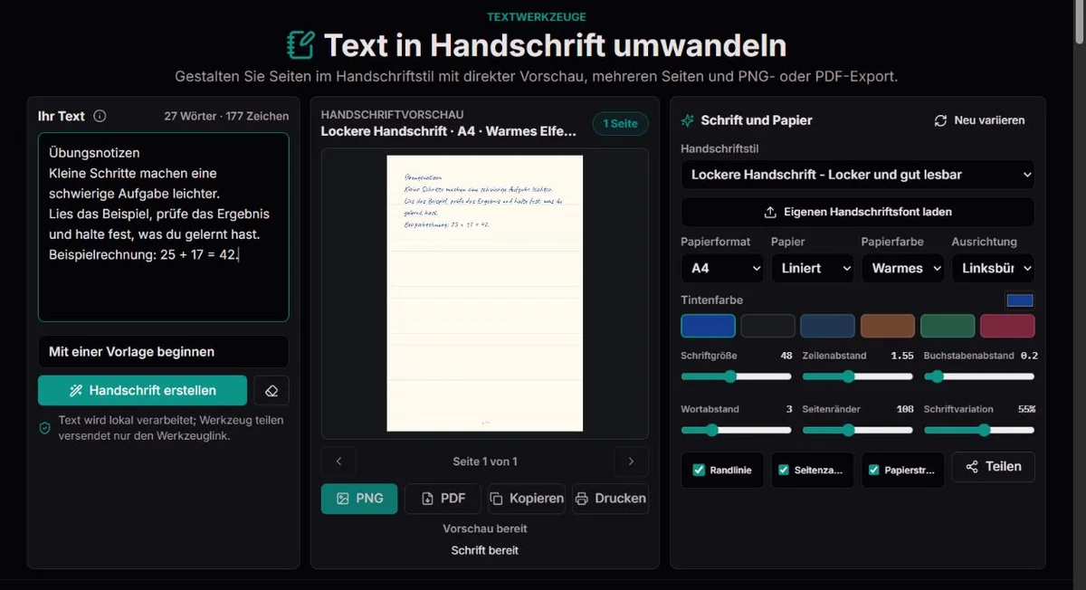 Fiktiver Übungstext in einer Seitenvorschau mit Handschriftstil