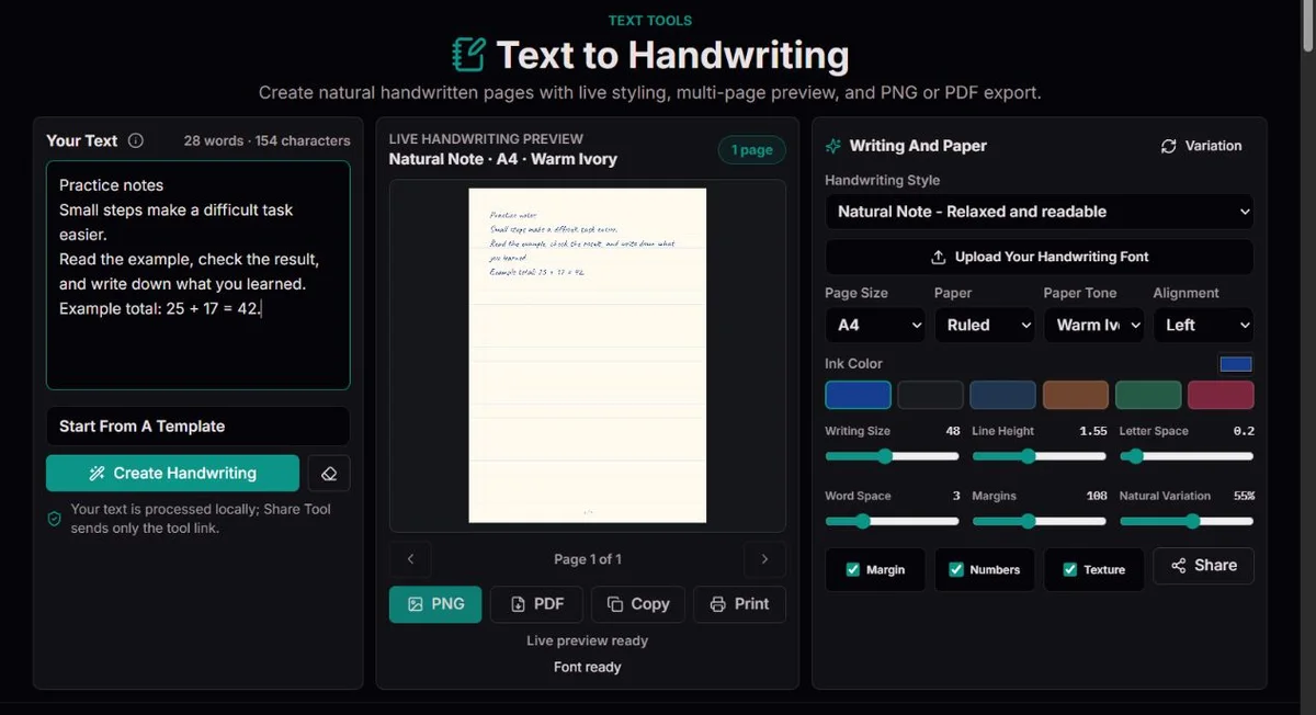 Fictional practice text rendered in a handwriting-style page preview