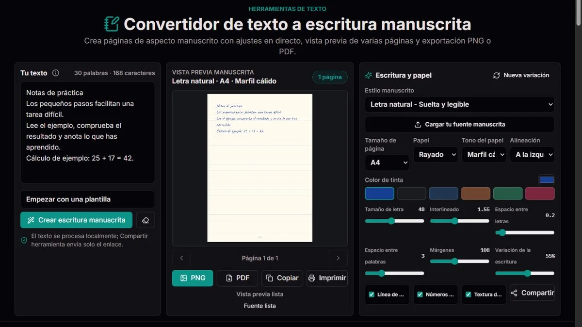 Texto de práctica ficticio en una vista previa de escritura manuscrita