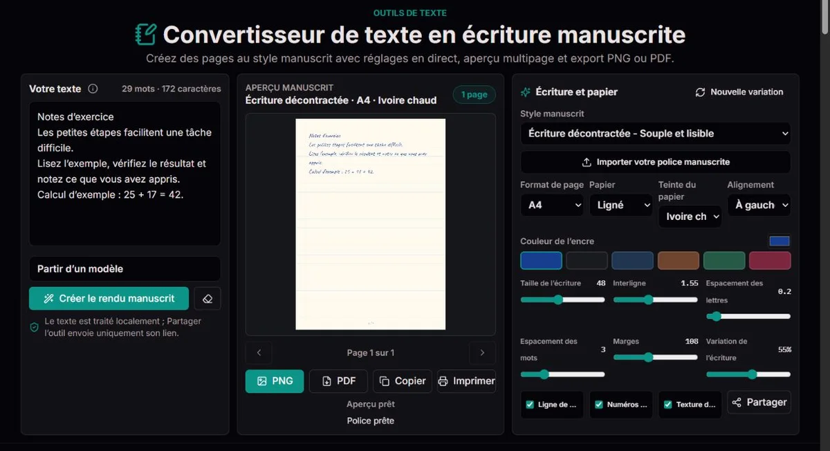Texte d’exercice fictif dans un aperçu de page à l’écriture manuscrite
