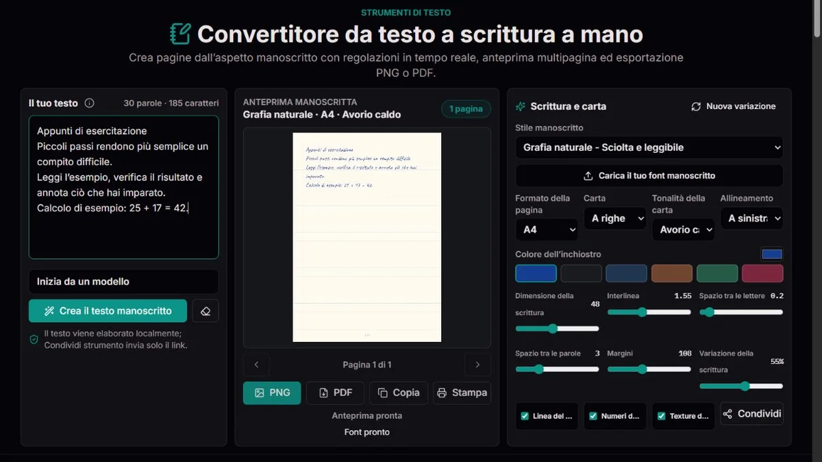 Testo di esercizio fittizio in un’anteprima con stile manoscritto