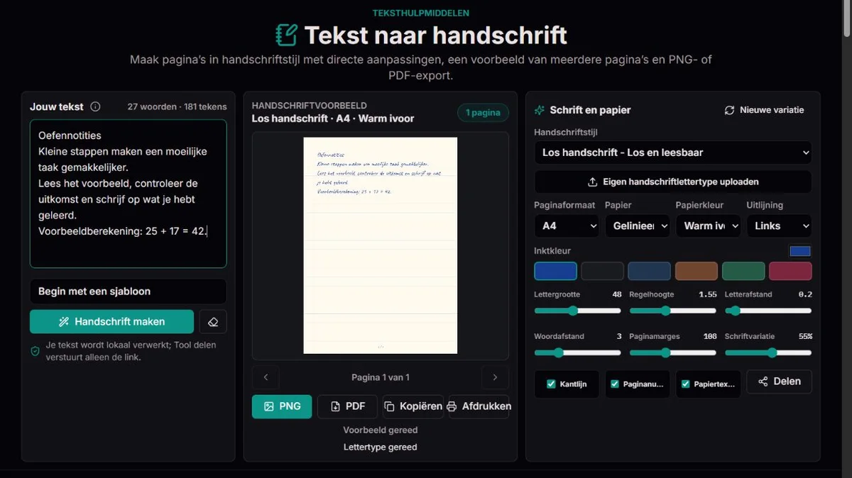 Fictieve oefentekst in een paginavoorbeeld met handschriftstijl