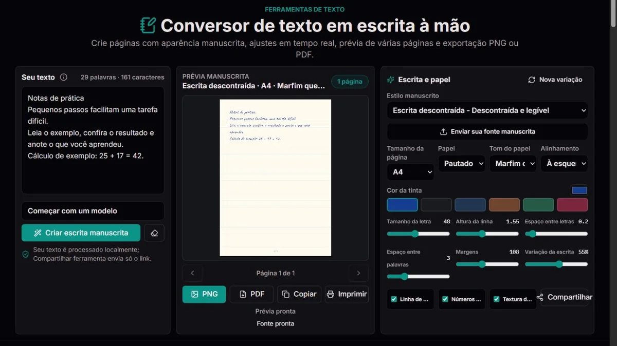 Texto de prática fictício em uma prévia com estilo de escrita à mão
