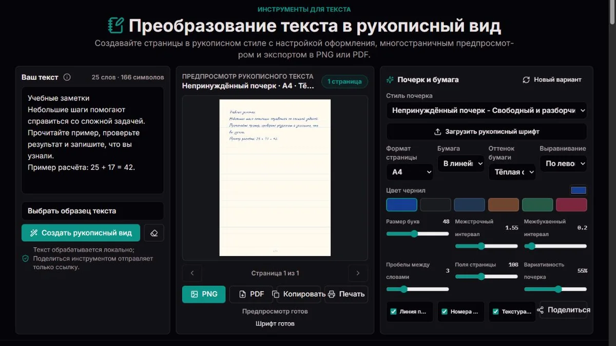 Вымышленный учебный текст в предпросмотре страницы с рукописным шрифтом