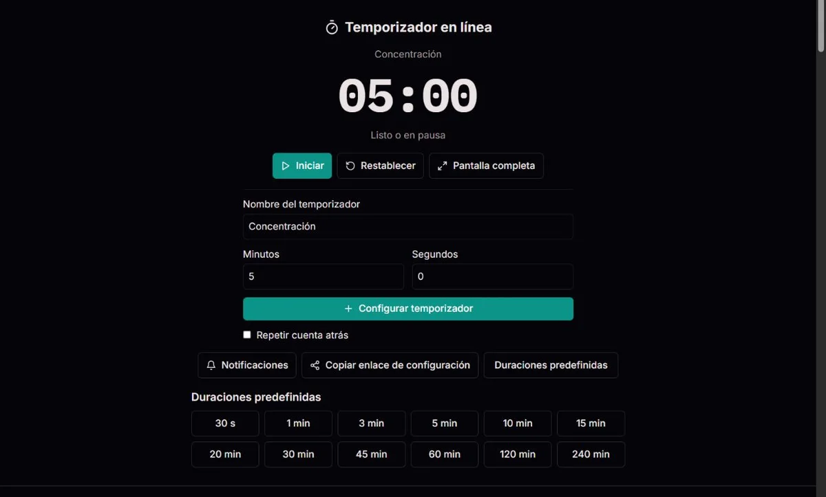 Temporizador de cinco minutos listo para empezar