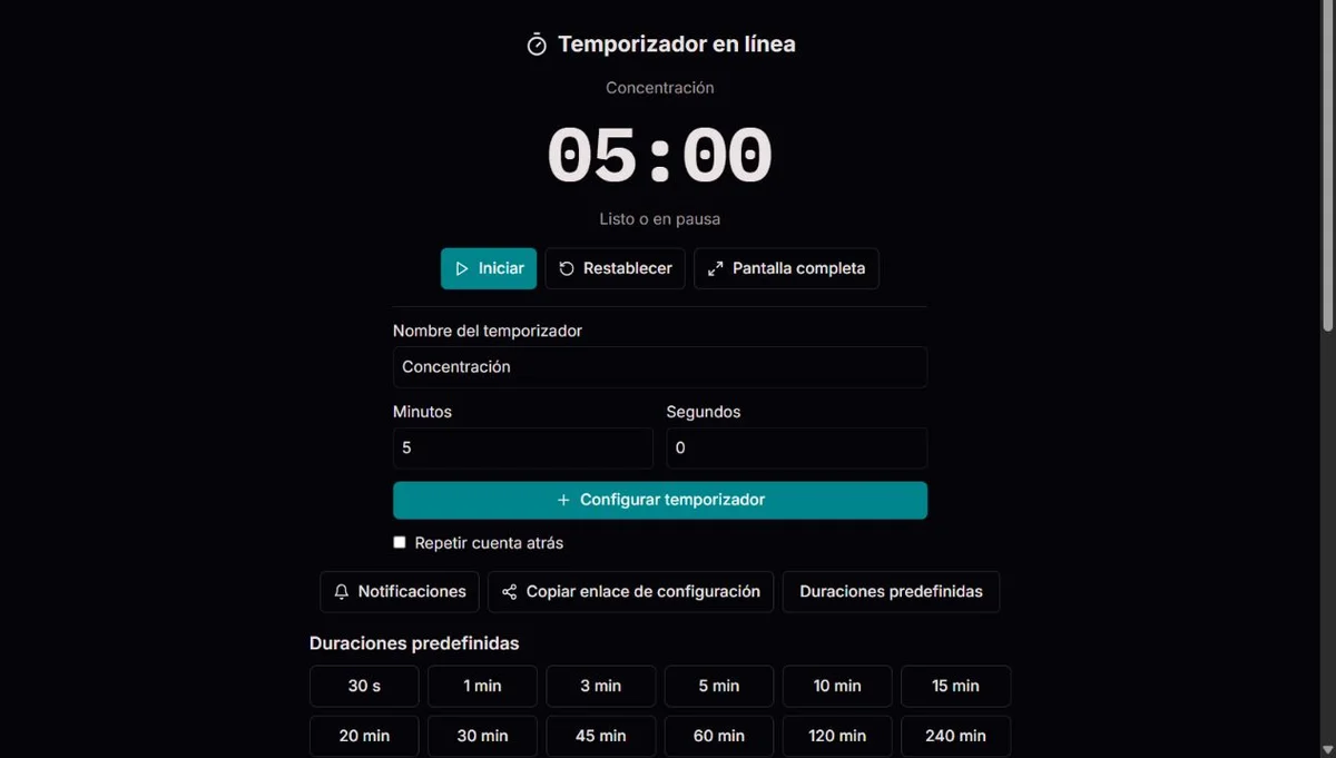 Temporizador en línea: Ejemplo de interfaz