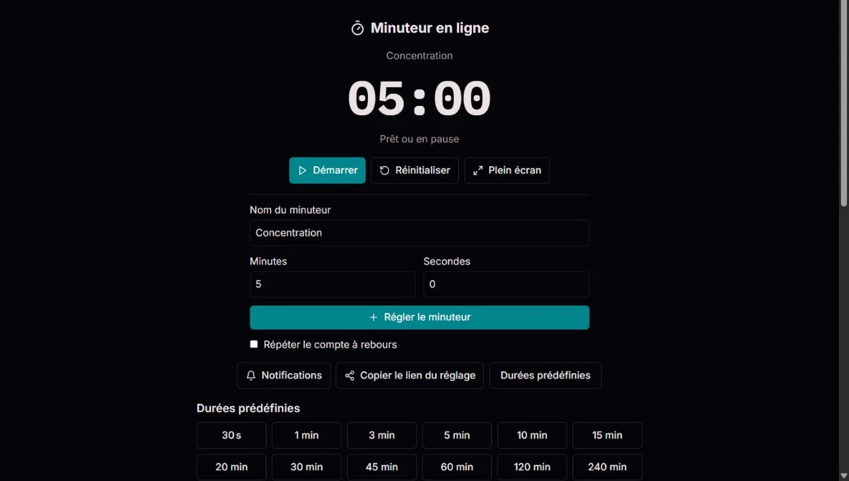 Minuteur en ligne: Exemple d’interface