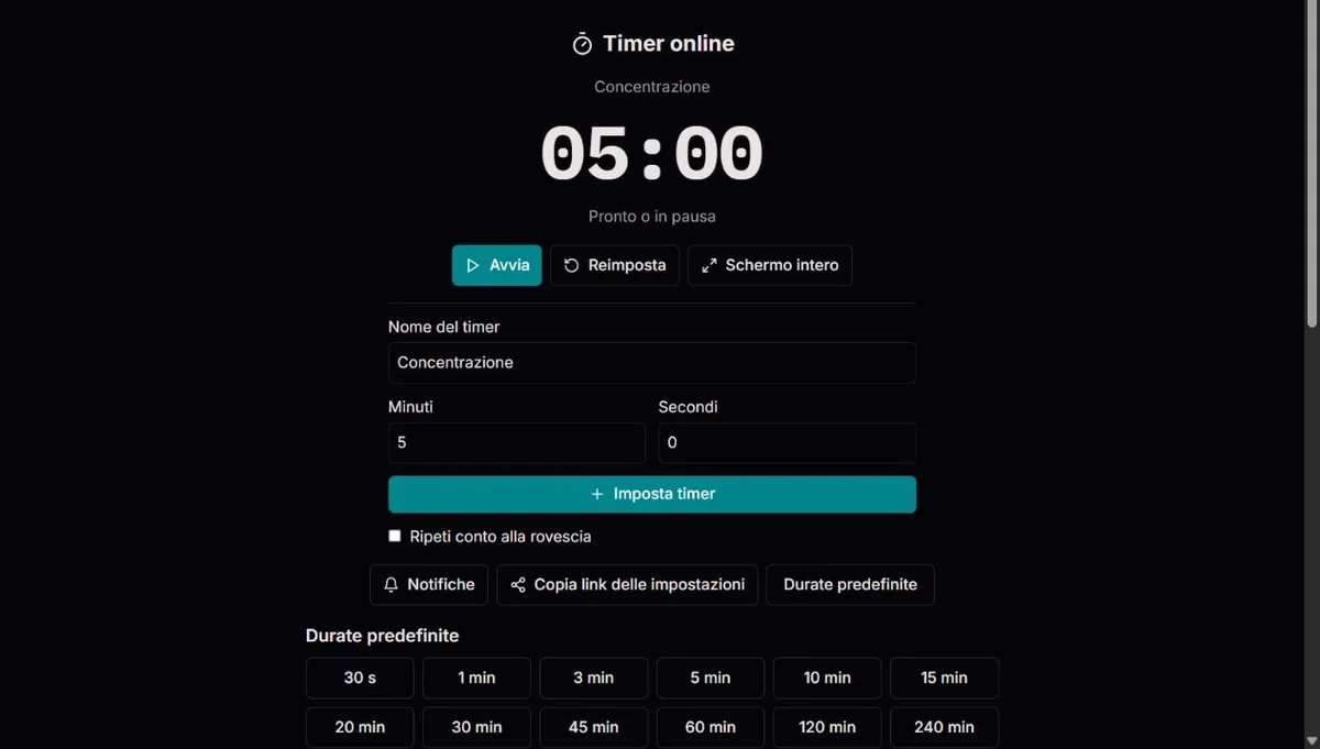 Timer online: Esempio dell’interfaccia