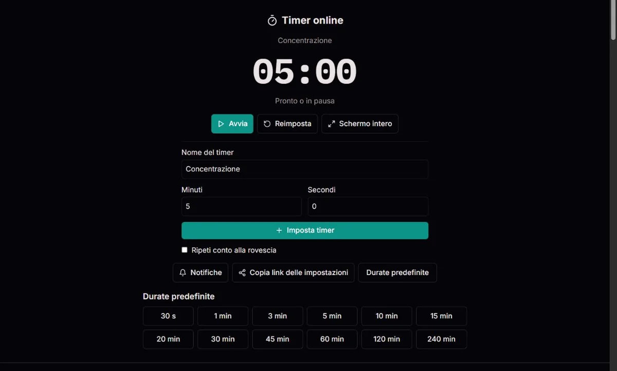 Timer di cinque minuti pronto per l’avvio