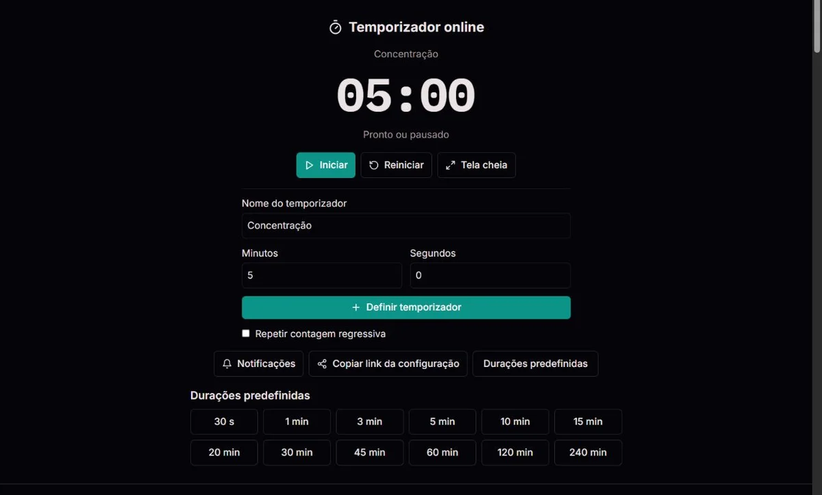 Temporizador de cinco minutos pronto para iniciar