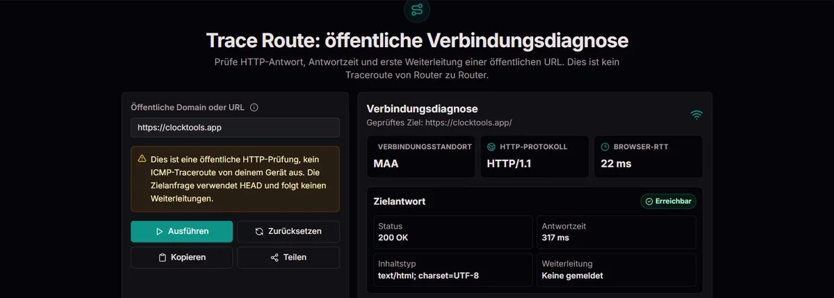 HTTP-HEAD-Diagnose für clocktools.app ohne Router-Hops
