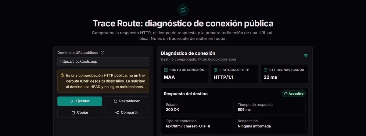 Diagnóstico HTTP HEAD de clocktools.app, no saltos entre routers