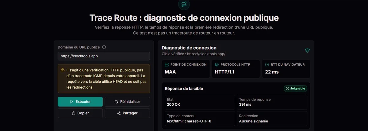 Diagnostic HTTP HEAD de clocktools.app, sans parcours de routeurs