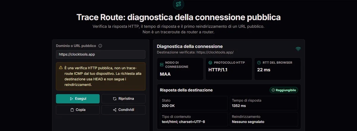 Diagnostica HTTP HEAD di clocktools.app, senza salti tra router