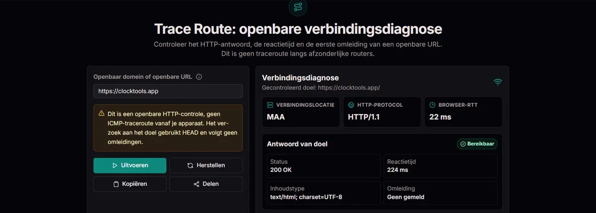HTTP-HEAD-diagnose voor clocktools.app, geen routerhops