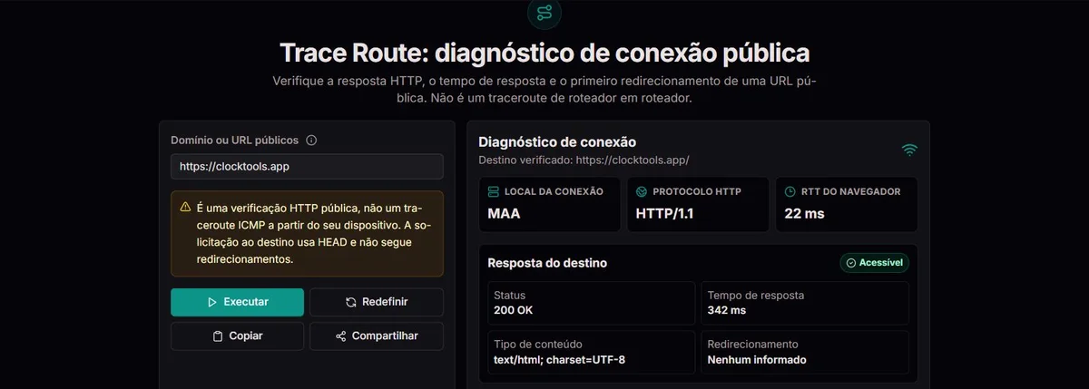 Diagnóstico HTTP HEAD de clocktools.app, sem saltos de roteadores