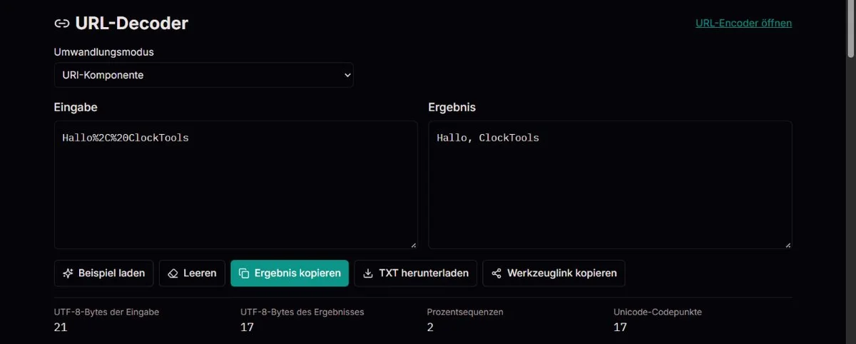 Prozentcodierter ClockTools-Gruß im Komponentenmodus decodiert