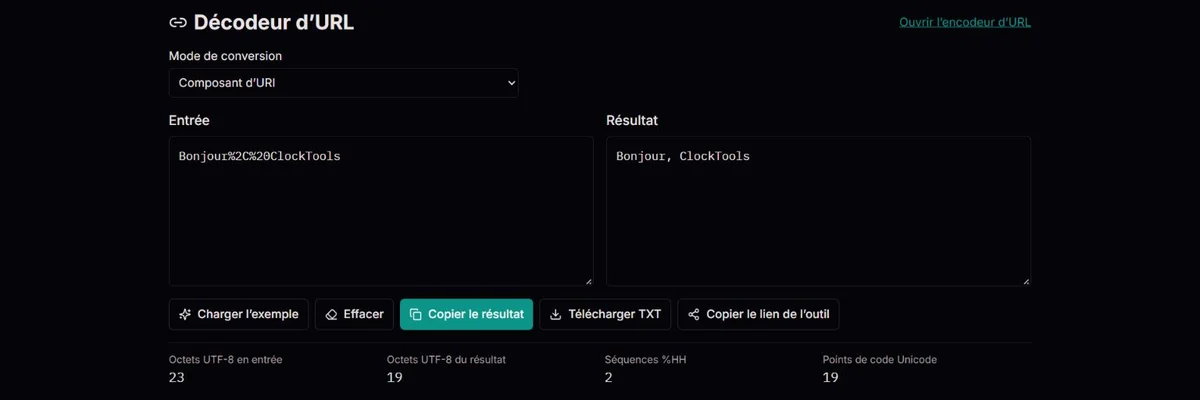 Décodage de « Bonjour%2C%20ClockTools » en un seul passage, avec le compteur « Séquences %HH » à 2.