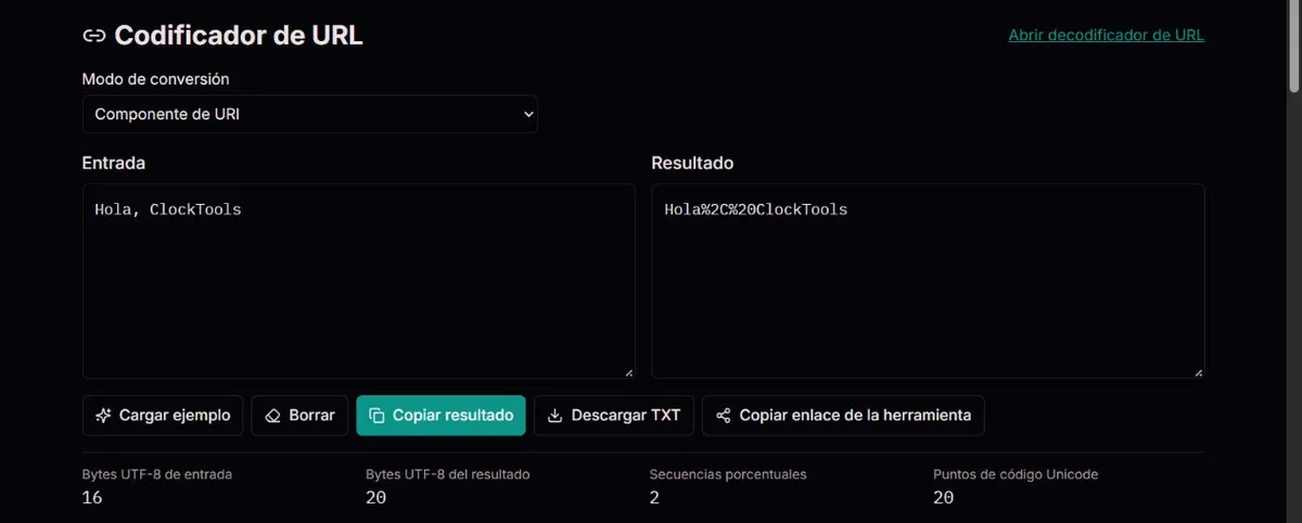 Saludo de ClockTools codificado como componente de URI