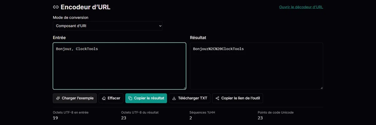 Encodage de « Bonjour, ClockTools » en composant d’URI, avec deux séquences %HH.