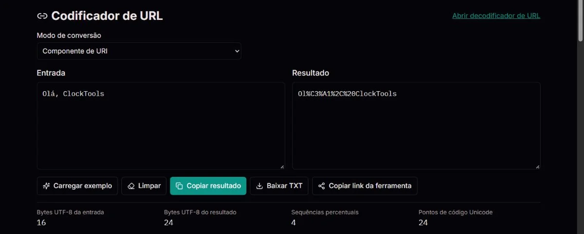 Saudação do ClockTools codificada como componente de URI