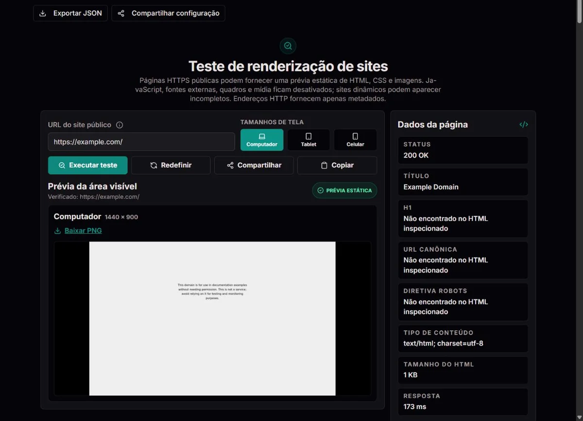 Prévia estática de example.com capturada para desktop