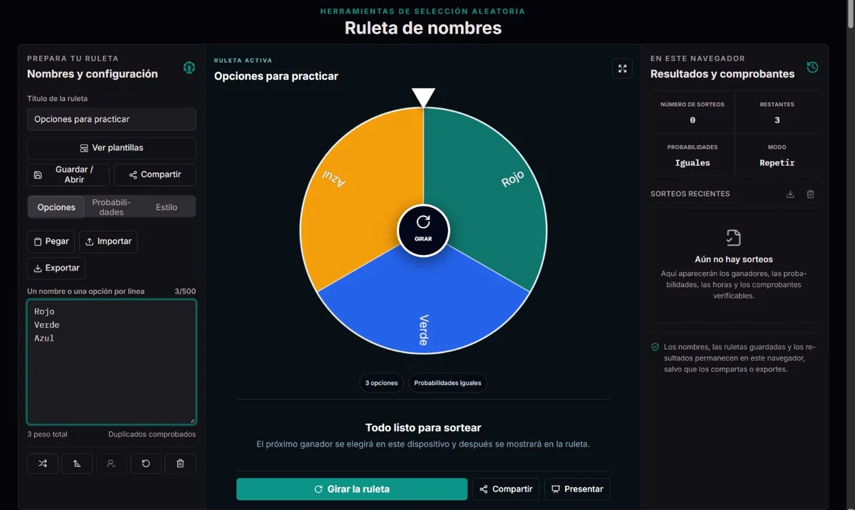 Ruleta con tres opciones de igual peso: Rojo, Verde y Azul
