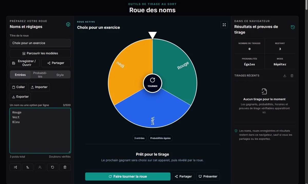 Roue à trois choix de même poids : Rouge, Vert et Bleu