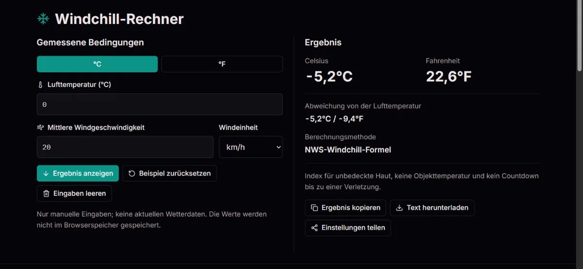 Windchill-Beispiel bei 0°C und 20 km/h Wind