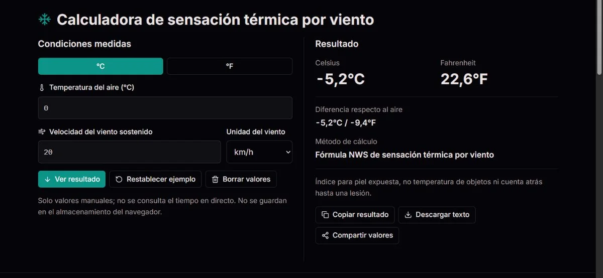 Ejemplo de sensación térmica con 0°C y viento sostenido de 20 km/h