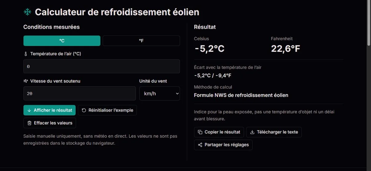 Exemple de refroidissement éolien à 0°C et 20 km/h de vent