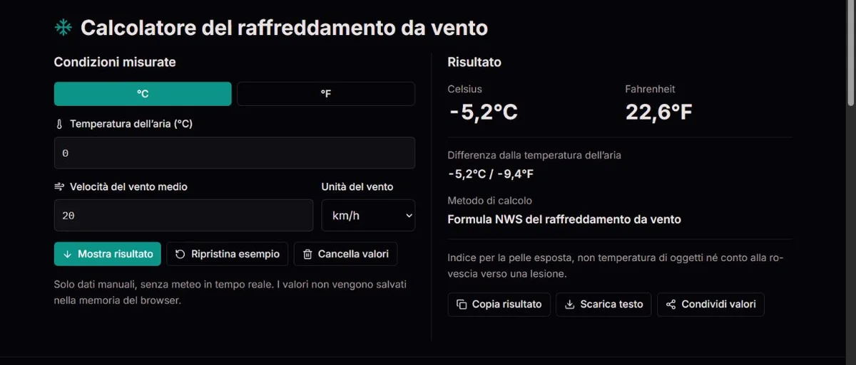 Esempio di raffreddamento da vento a 0°C e 20 km/h