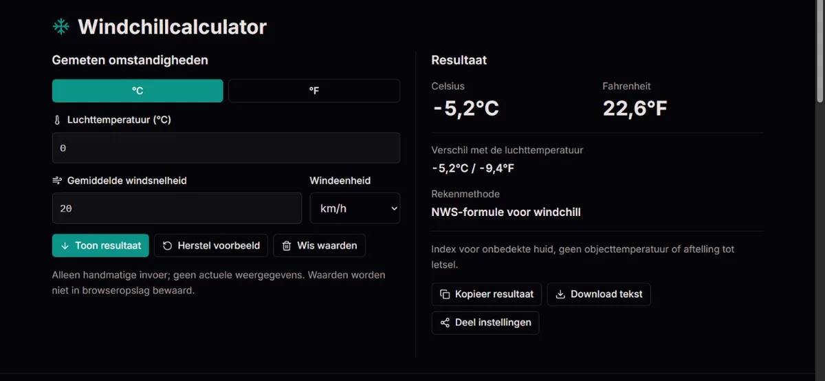 Voorbeeld van windchill bij 0°C en een windsnelheid van 20 km/h
