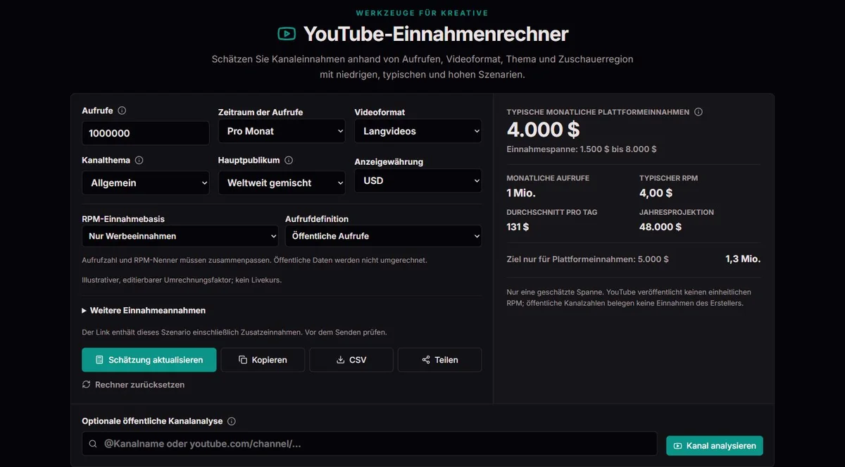 Beispielhafter YouTube-Umsatzbereich aus manuell eingegebenen Aufrufen und RPM