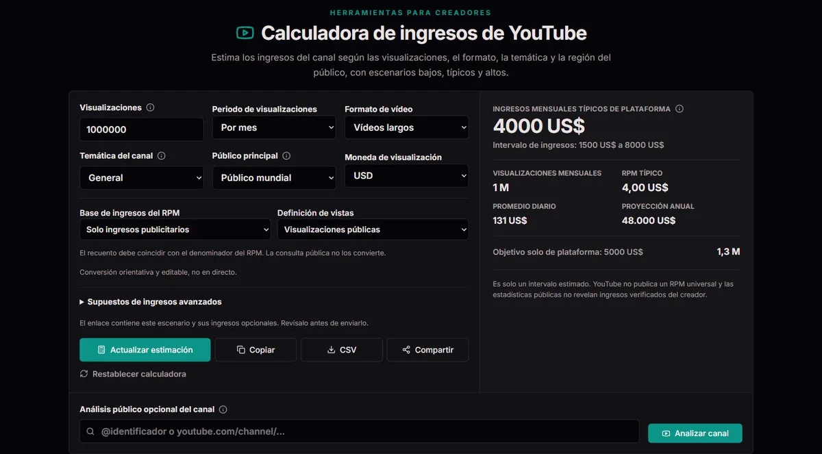 Rango ilustrativo de ingresos de YouTube con vistas y RPM introducidos