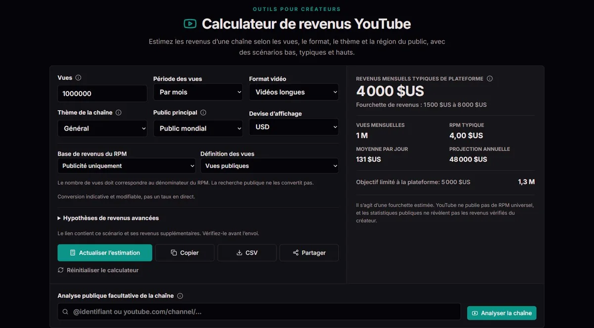 Fourchette de revenus YouTube indicative à partir de vues et de RPM saisis