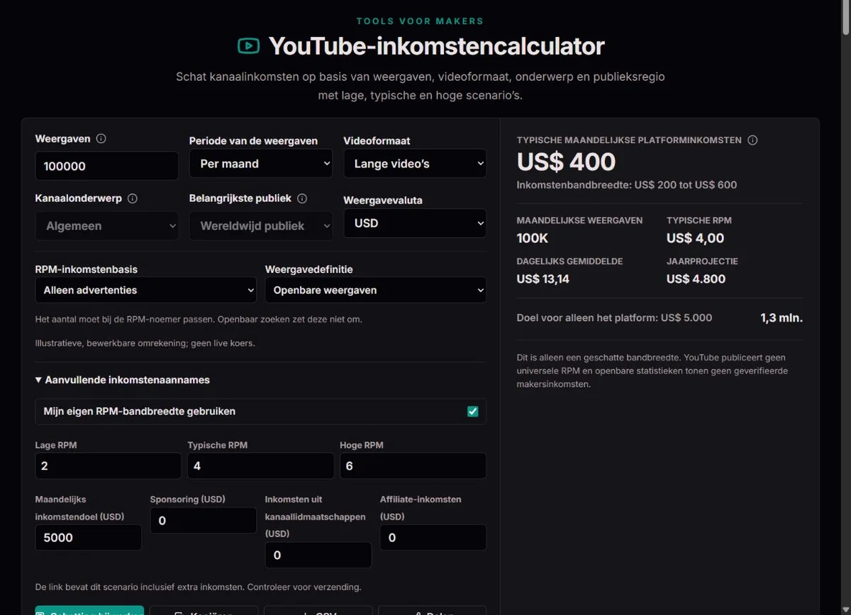 Voorbeeldbereik van YouTube-inkomsten uit ingevoerde weergaven en RPM