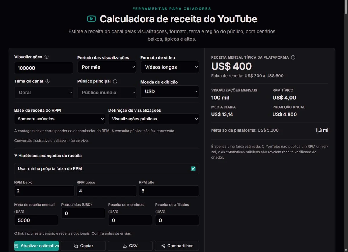 Faixa ilustrativa de receita do YouTube com visualizações e RPM informados