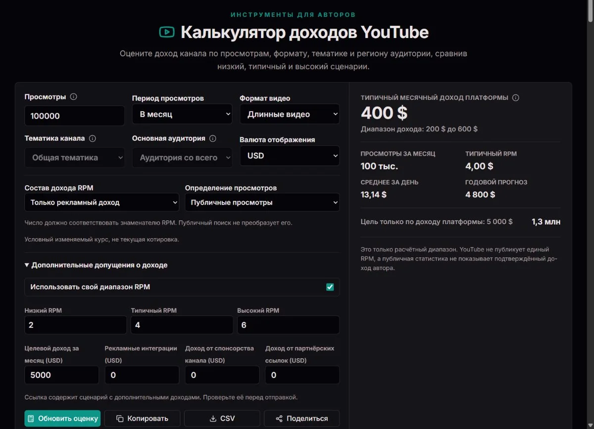 Пример диапазона доходов YouTube по вручную введённым просмотрам и RPM