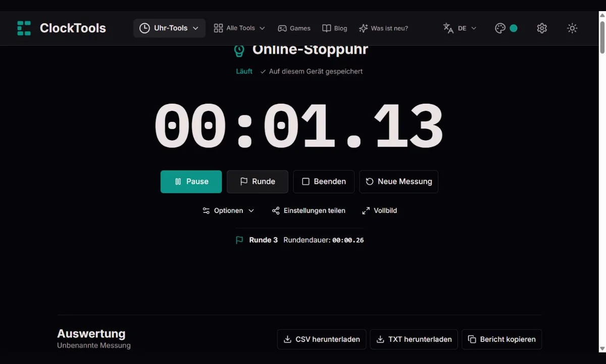 Laufende ClockTools-Stoppuhr mit Runden-, Pause- und Beenden-Tasten
