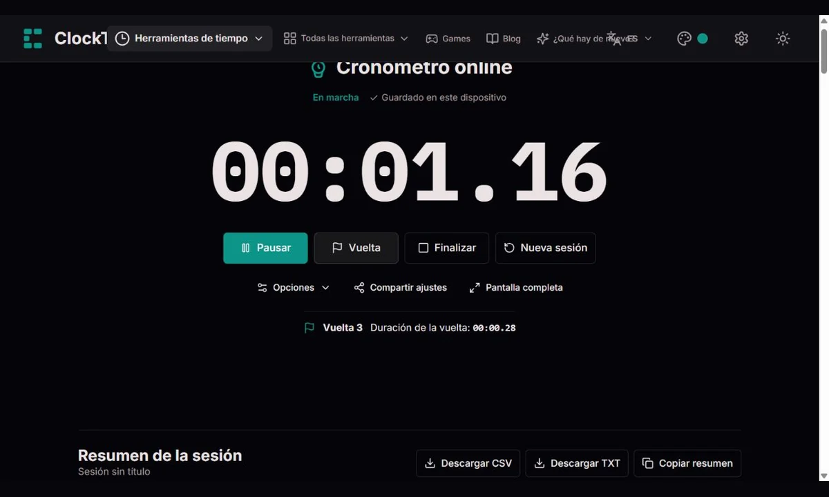 Cronómetro ClockTools en marcha con controles de vuelta, pausa y finalización