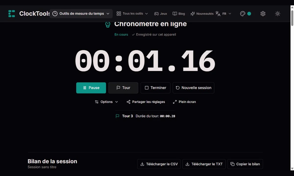 Chronomètre ClockTools en cours avec commandes Tour, Pause et Terminer