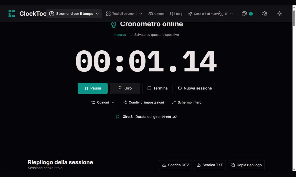 Cronometro ClockTools in corso con comandi Giro, Pausa e Termina