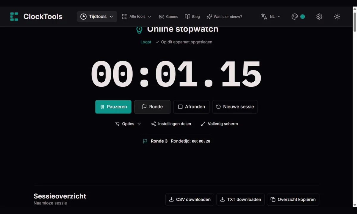 Lopende ClockTools-stopwatch met ronde-, pauze- en afrondknoppen
