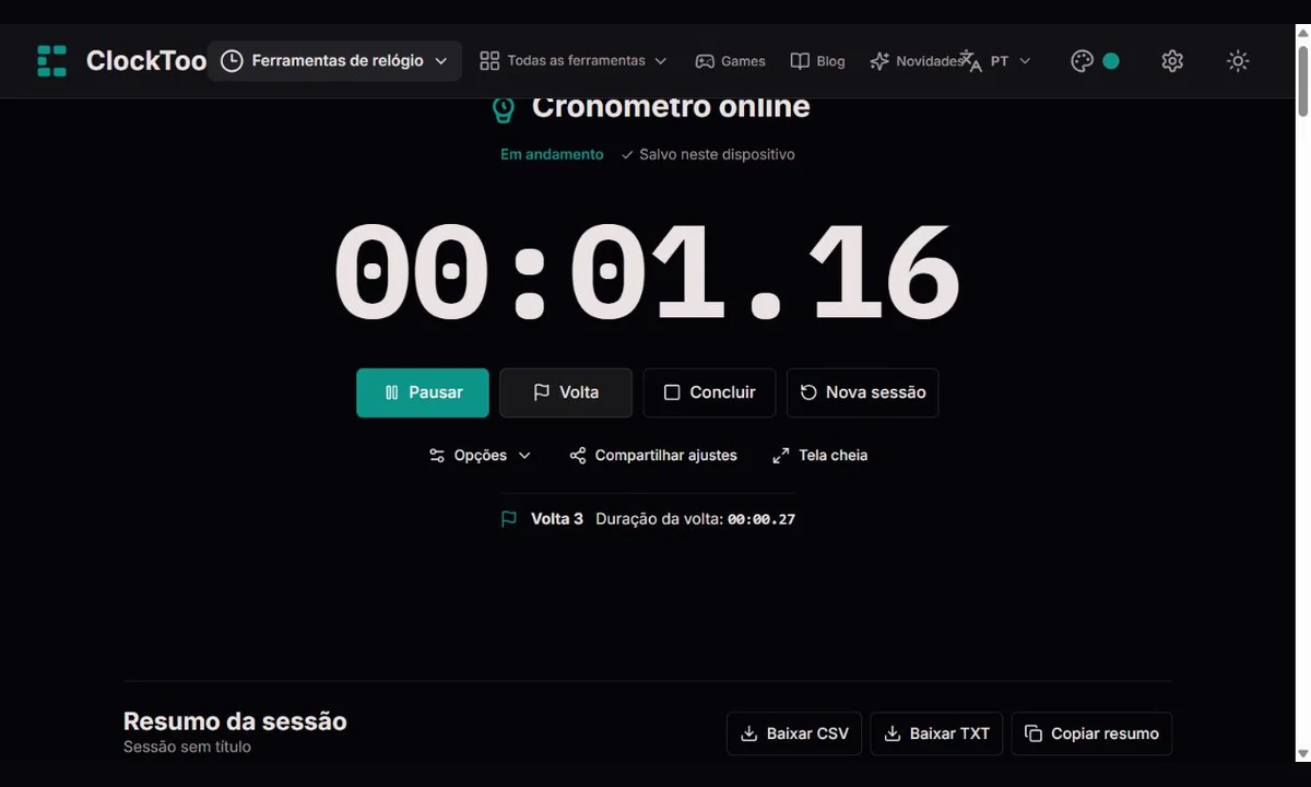 Cronômetro ClockTools em andamento com controles de volta, pausa e conclusão