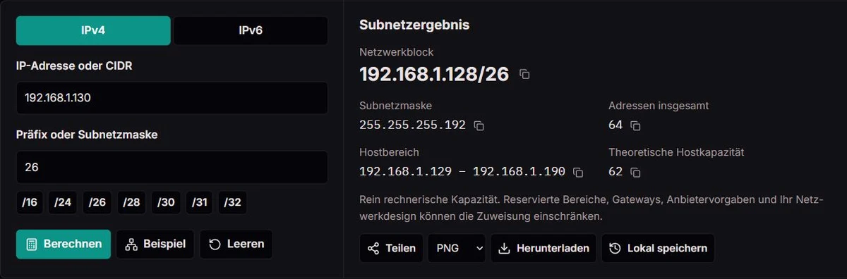 Subnetzergebnis: 192.168.1.130/26 → 192.168.1.128/26