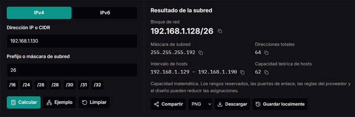 Resultado de la subred: 192.168.1.130/26 → 192.168.1.128/26